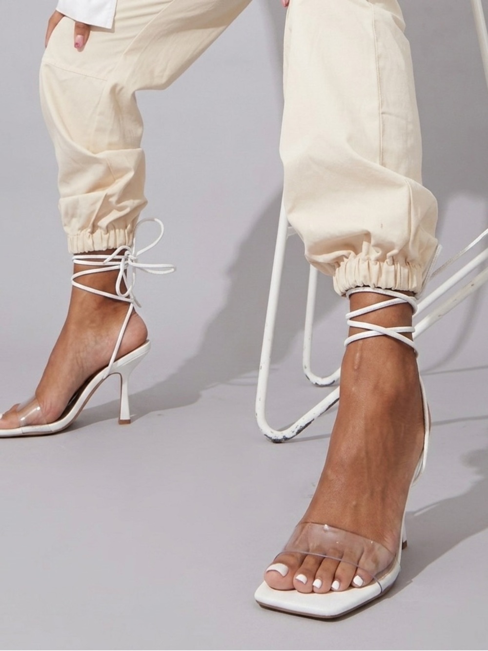 PrettyLittleThing White Lace-Up Clear Strap Square Toe Stiletto Heels - Size 8